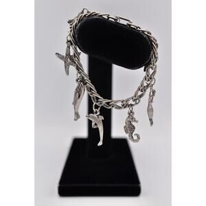 Vintage Nautical Charm Bracelet Silver Dolphin Seahorse Mermaid Ocean 7” BinBR